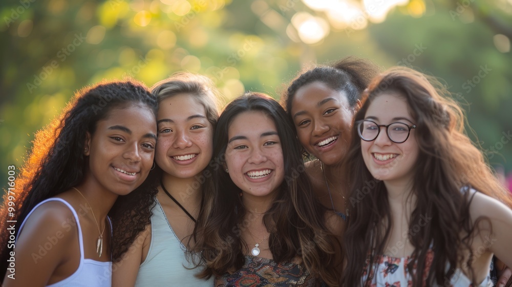 A group of young women of various races, smiling and standing together A group of young women of various races, smiling and standing together