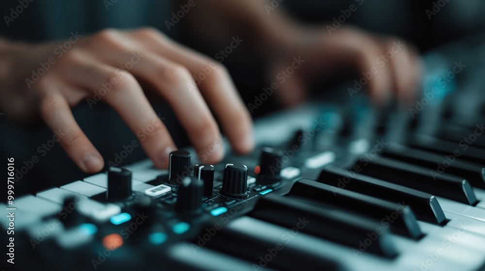 A close-up image showing hands adjusting the knobs of a synthesizer keyboard. This scene brilliantly reflects musical creativity, precision, and the intricate details of electronic instruments. A close-up image showing hands adjusting the knobs of a synthesizer keyboard. This scene brilliantly reflects musical creativity, precision, and the intricate details of electronic instruments.