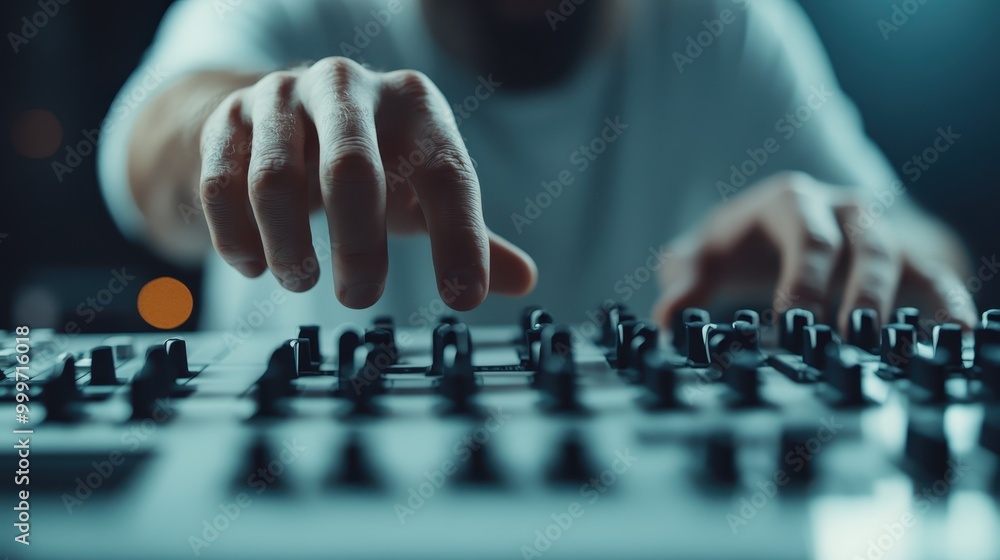 A close-up shot of a DJ manually adjusting the knobs on a sound mixer, with a backdrop of blurry lights adding mood to the scene, capturing the vibe of a live performance. A close-up shot of a DJ manually adjusting the knobs on a sound mixer, with a backdrop of blurry lights adding mood to the scene, capturing the vibe of a live performance.