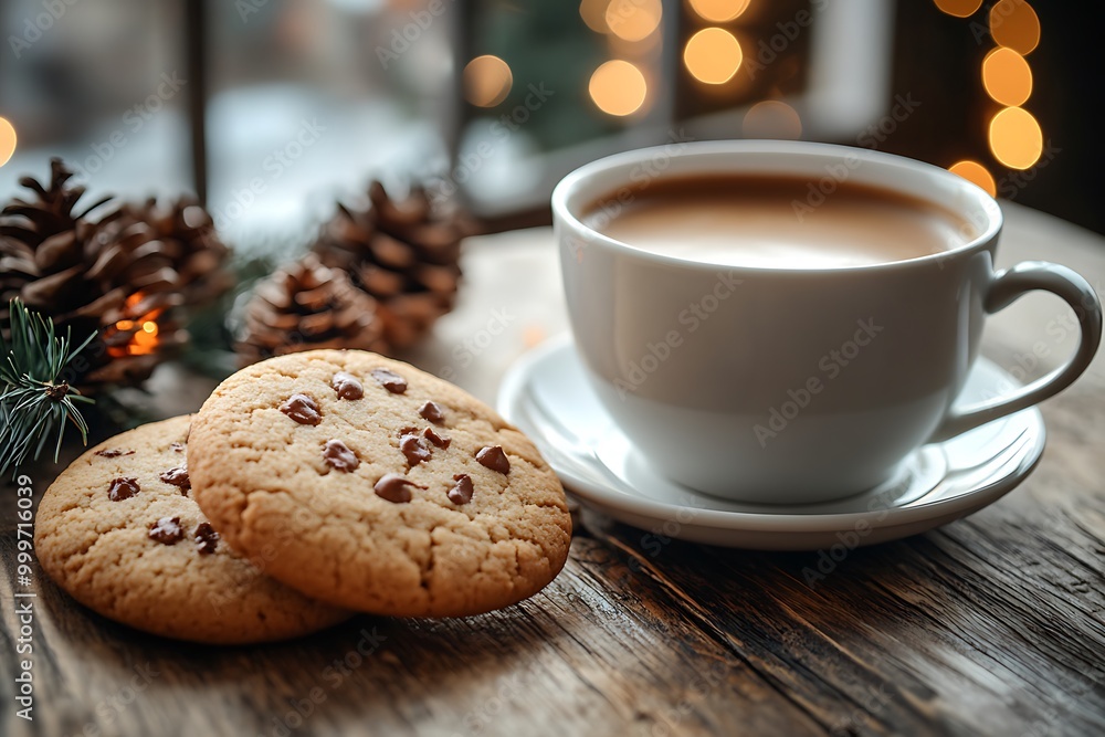 A cup of coffee and cookies on a wooden table with Christmas decorations A cup of coffee and cookies on a wooden table with Christmas decorations