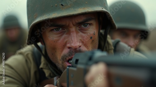 Close-up soldier aiming in battle