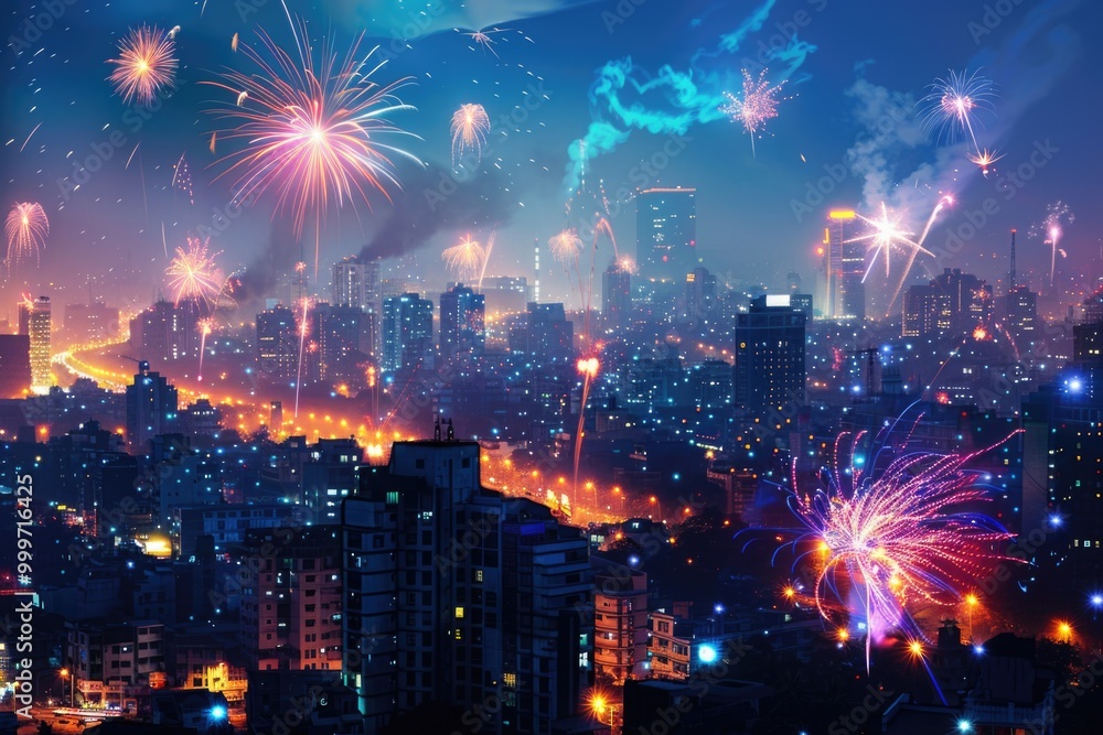 Fototapeta premium Nighttime scene with colorful fireworks exploding in the sky above a bustling city
