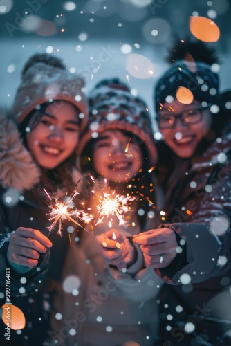 A group of people holding sparklers on a night out or celebration