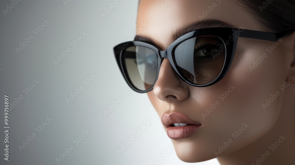 A close-up of a woman wearing stylish black sunglasses against a neutral background with soft lighting A close-up of a woman wearing stylish black sunglasses against a neutral background with soft lighting