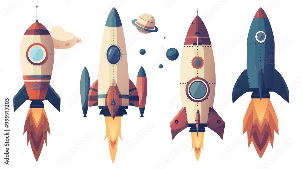 Four rockets soaring through the sky, ideal for space or technology concepts Four rockets soaring through the sky, ideal for space or technology concepts