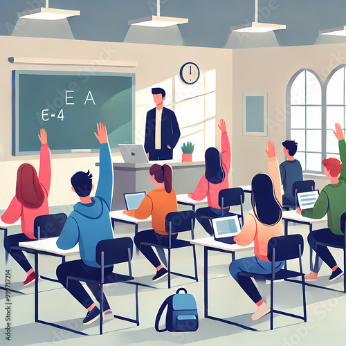 Interactive Classroom Session with Students Raising Hands
