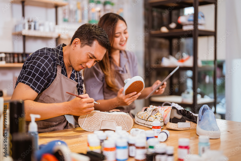 Fototapeta premium male artist paint on sneakers at his workshop
