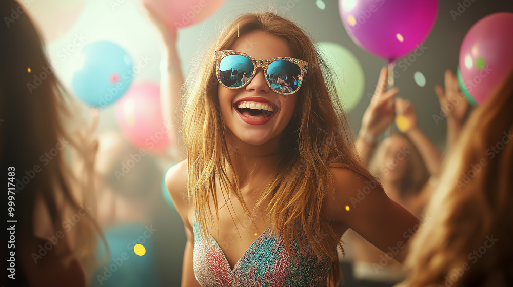 Excited woman at vibrant party with sunglasses, balloons, and joyful atmosphere, enjoying a fun-filled celebration and party event with friends Excited woman at vibrant party with sunglasses, balloons, and joyful atmosphere, enjoying a fun-filled celebration and party event with friends