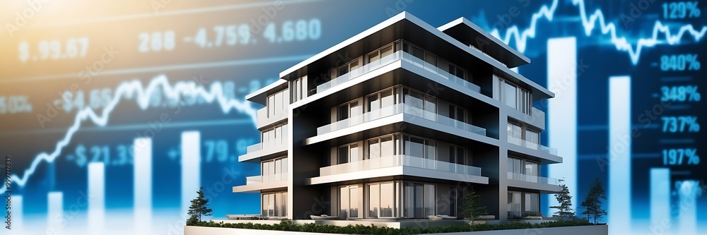 A model building surrounded by coins and a graph showing an upward trend in property prices A model building surrounded by coins and a graph showing an upward trend in property prices
