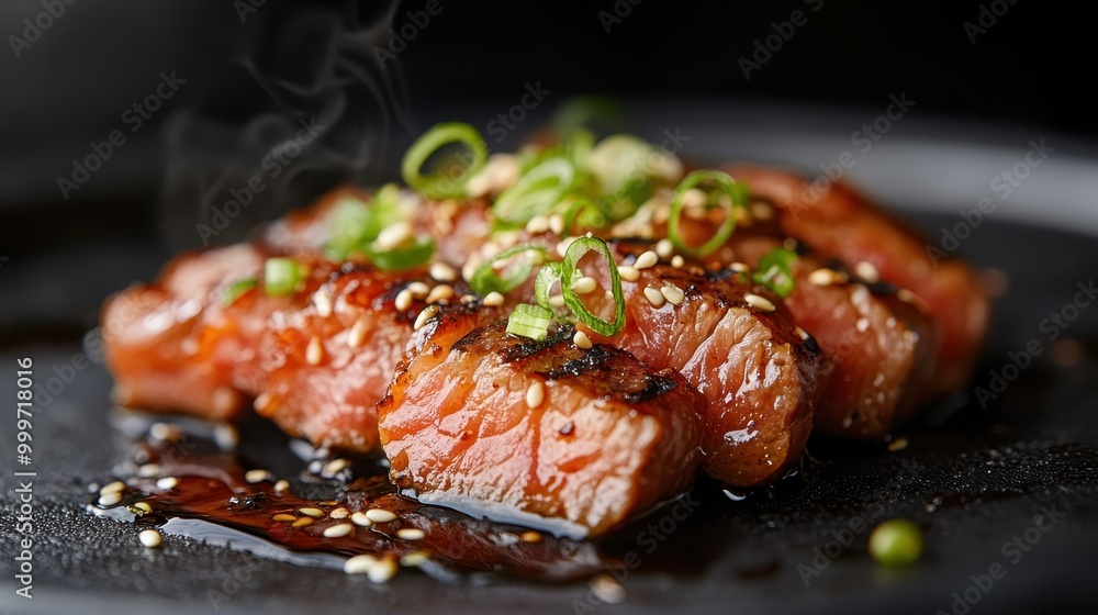 Sizzling beef steak garnished with sesame seeds and green onion slices on a black plate. The steak has a beautiful glaze, creating a mouthwatering presentation. Sizzling beef steak garnished with sesame seeds and green onion slices on a black plate. The steak has a beautiful glaze, creating a mouthwatering presentation.