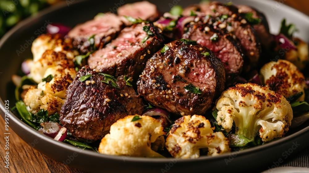 Tender beef slices paired with roasted cauliflower on a round plate, served with fresh herbs and caramelized onions, showcasing a perfect balance of flavors and textures. Tender beef slices paired with roasted cauliflower on a round plate, served with fresh herbs and caramelized onions, showcasing a perfect balance of flavors and textures.