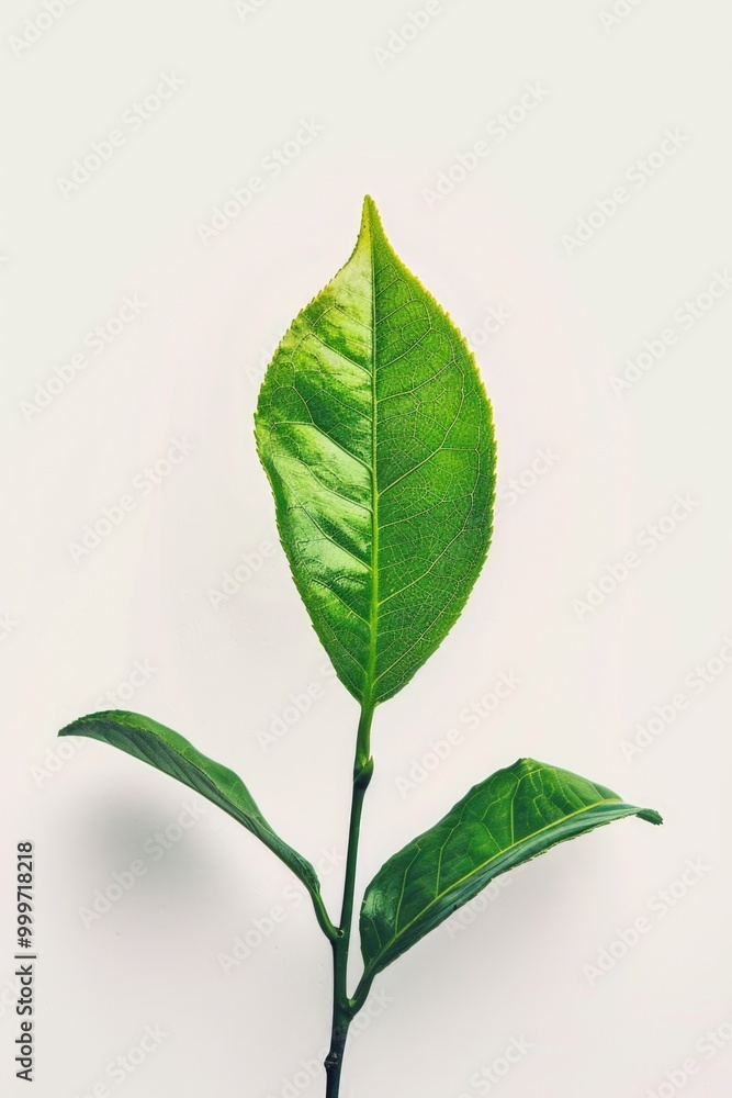 A single green leaf on a stem against a white background, simple and natural A single green leaf on a stem against a white background, simple and natural