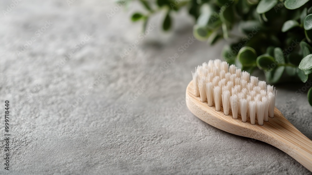 A visually appealing image of a wooden toothbrush placed on a gray surface, highlighting the natural bristles and eco-friendly design, representing sustainability and modest elegant style. A visually appealing image of a wooden toothbrush placed on a gray surface, highlighting the natural bristles and eco-friendly design, representing sustainability and modest elegant style.
