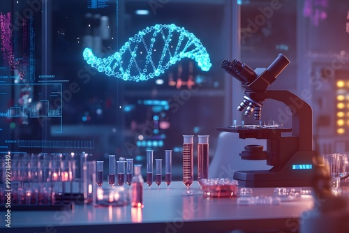Laboratory Scene with DNA and Microscope