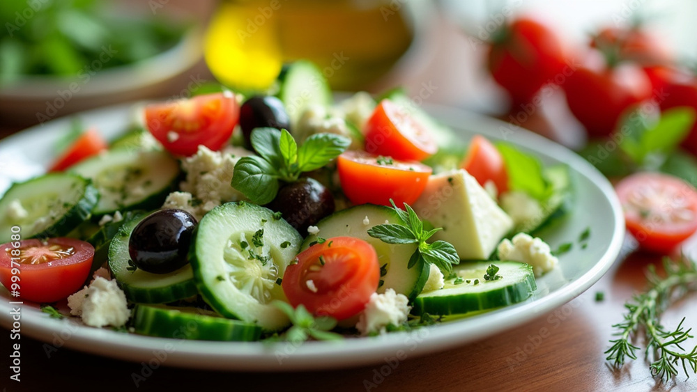 Mediterranean salad with cucumbers, tomatoes, feta cheese, olives, and herbs on a plate Mediterranean salad with cucumbers, tomatoes, feta cheese, olives, and herbs on a plate