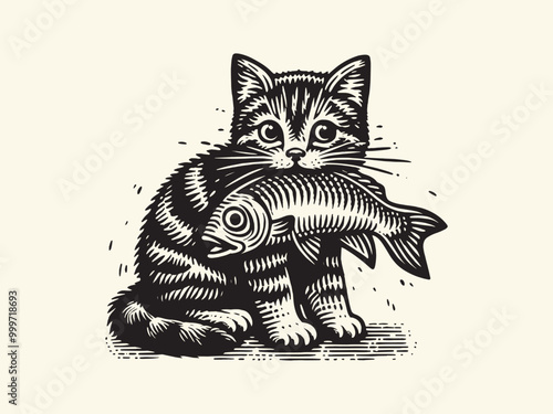 The little tabby kitten caught a fish. vintage black and white vector engraving illustration, emblem