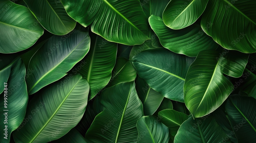 Obraz premium A lush abstract background created by vibrant emerald leaves with intricate natural patterns, capturing the serenity of tropical foliage