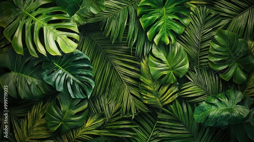 A vibrant display of green leaves with detailed natural patterns forms an abstract tropical backdrop, filled with tranquility and lush beauty