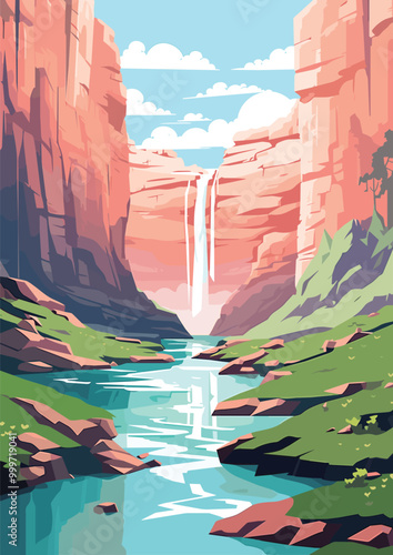 Vibrant Waterfall Scene with Cliffs and River at Dusk Vector illustration for Tshirt design and Wallmate