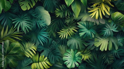 A vibrant display of green leaves with detailed natural patterns forms an abstract tropical backdrop, filled with tranquility and lush beauty