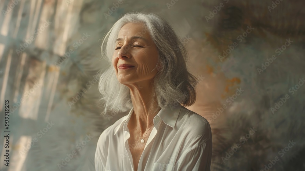 Naklejka premium A highly detailed, lifelike portrait of a joyful older woman with shoulder-length white hair