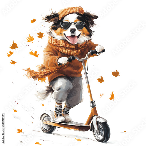 Funny Australian Shepherd dog wearing autumn clothes riding a scooter. Transparent background. PNG photo