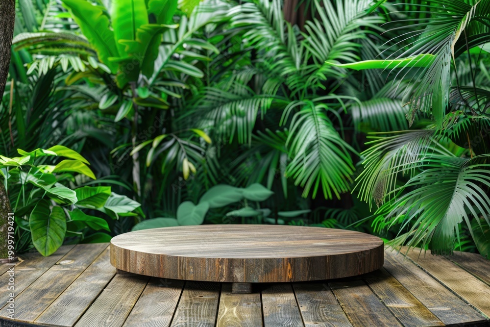 A rustic wooden table in the midst of a lush jungle, surrounded by dense foliage and vibrant greenery A rustic wooden table in the midst of a lush jungle, surrounded by dense foliage and vibrant greenery