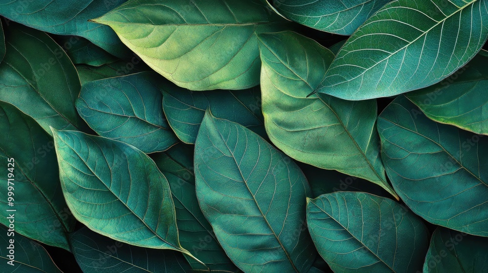 Obraz premium Emerald green leaves with stunning natural textures intertwine, creating a beautiful abstract background inspired by the calm of a tropical forest