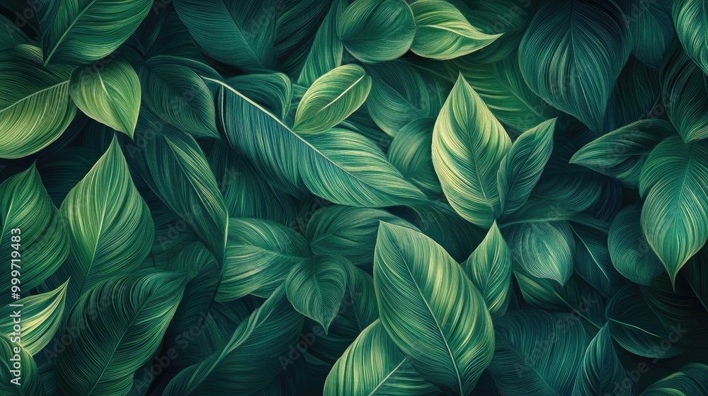 Intricate emerald green leaves create a lush and vibrant abstract background, capturing the peaceful essence of a tropical forest Intricate emerald green leaves create a lush and vibrant abstract background, capturing the peaceful essence of a tropical forest