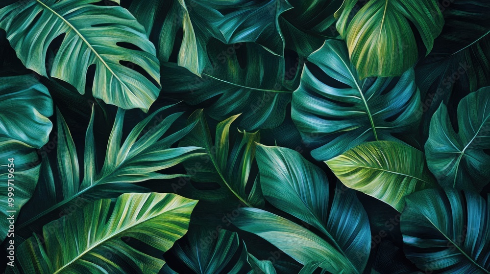 Intricate patterns of vibrant green leaves form a mesmerizing abstract backdrop, evoking the peacefulness and beauty of tropical greenery Intricate patterns of vibrant green leaves form a mesmerizing abstract backdrop, evoking the peacefulness and beauty of tropical greenery