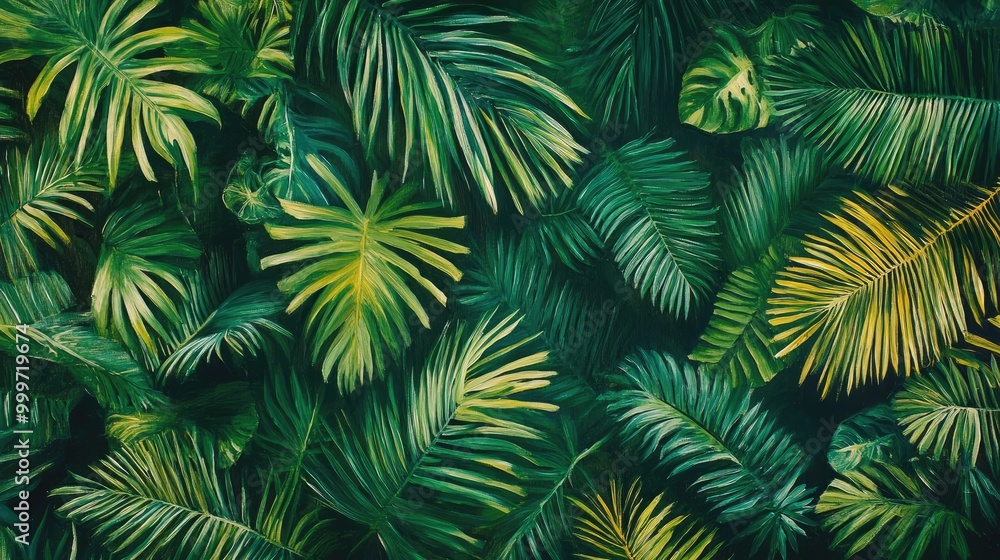 Intricate patterns of vibrant green leaves form a mesmerizing abstract backdrop, evoking the peacefulness and beauty of tropical greenery Intricate patterns of vibrant green leaves form a mesmerizing abstract backdrop, evoking the peacefulness and beauty of tropical greenery