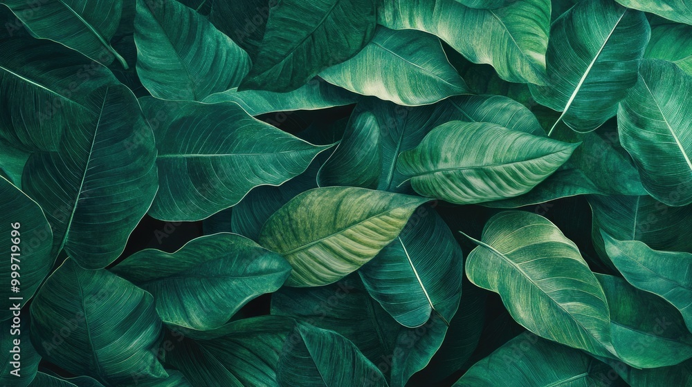 Rich emerald green leaves with intricate veins create a lush abstract background, capturing the essence of tropical forest serenity Rich emerald green leaves with intricate veins create a lush abstract background, capturing the essence of tropical forest serenity