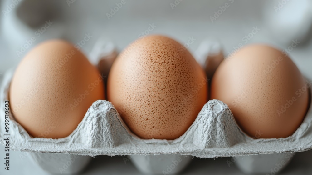 Image shows three brown eggs sitting in a section of an egg carton. The eggs' shells are clean and smooth, representing freshness and readiness for cooking. Image shows three brown eggs sitting in a section of an egg carton. The eggs' shells are clean and smooth, representing freshness and readiness for cooking.