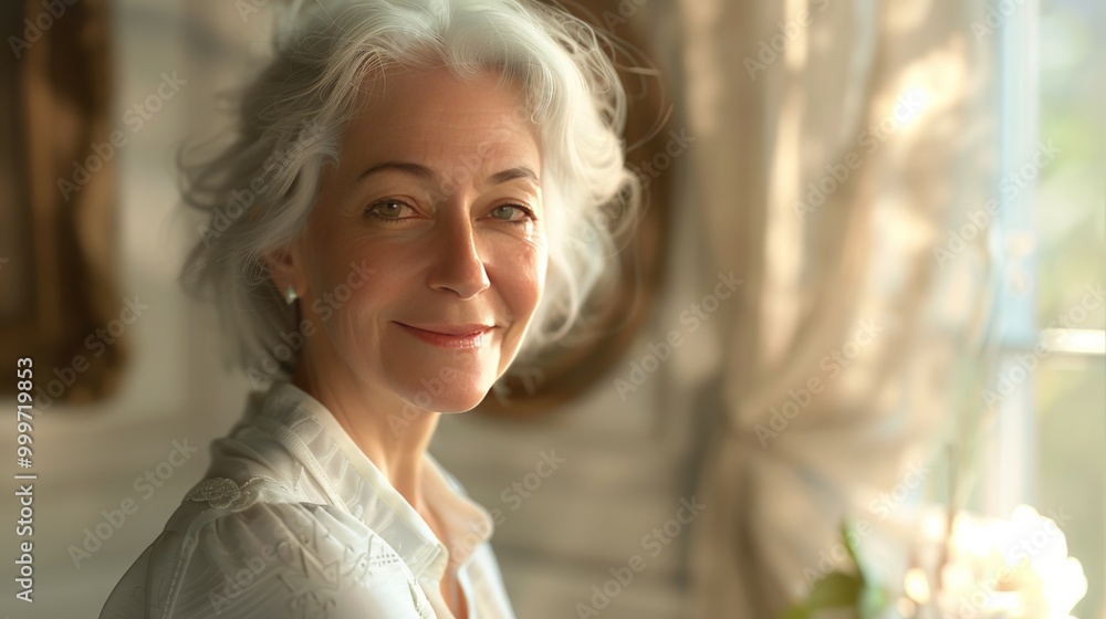 Fototapeta premium A photorealistic, lifelike depiction of a cheerful middle-aged woman with white hair and a white shirt