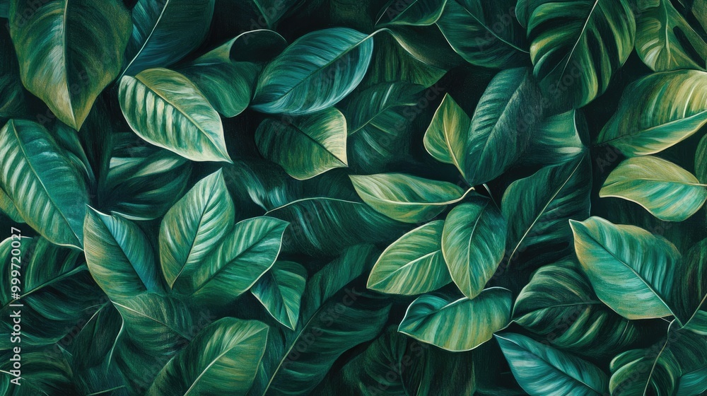 Various green leaves in rich emerald hues form a stunning abstract pattern, evoking the tranquility and beauty of tropical nature Various green leaves in rich emerald hues form a stunning abstract pattern, evoking the tranquility and beauty of tropical nature