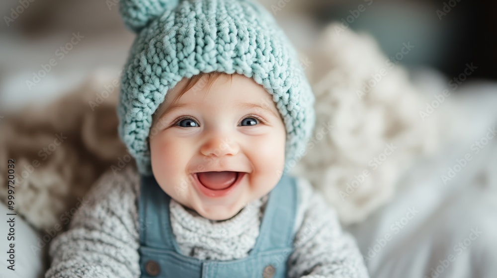 A delightful baby wearing a blue knitted hat and overalls, radiating warmth and innocence with a bright smile, depicted in a cozy, soft setting. A delightful baby wearing a blue knitted hat and overalls, radiating warmth and innocence with a bright smile, depicted in a cozy, soft setting.