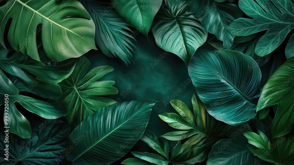 Various green leaves in rich emerald hues form a stunning abstract pattern, evoking the tranquility and beauty of tropical nature Various green leaves in rich emerald hues form a stunning abstract pattern, evoking the tranquility and beauty of tropical nature