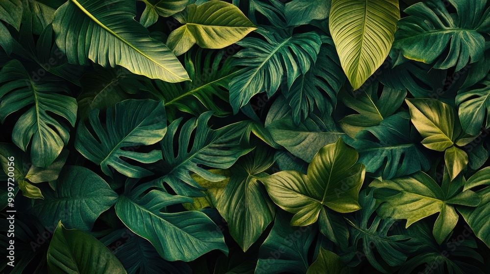 Various green leaves in rich emerald hues form a stunning abstract pattern, evoking the tranquility and beauty of tropical nature Various green leaves in rich emerald hues form a stunning abstract pattern, evoking the tranquility and beauty of tropical nature