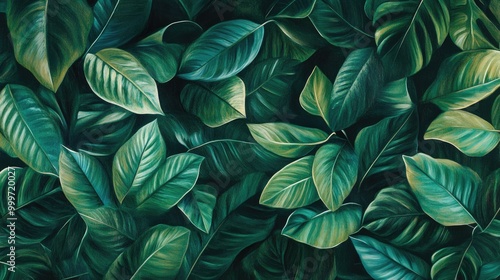 Wallpaper Mural Various green leaves in rich emerald hues form a stunning abstract pattern, evoking the tranquility and beauty of tropical nature Torontodigital.ca
