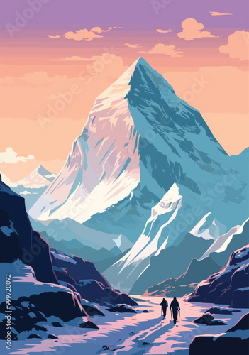 Explorer Standing on Rocks Facing Majestic Mountain Under Cloudy Sky Vector illustration for Tshirt design and Wallmate