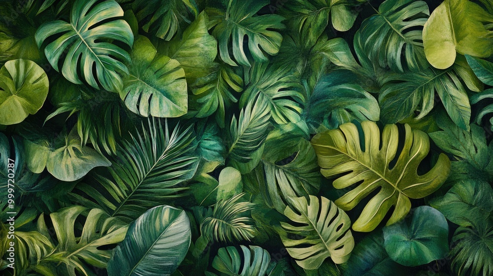 Various green leaves with rich emerald hues create an intricate abstract pattern, forming a tranquil and serene tropical forest backdrop Various green leaves with rich emerald hues create an intricate abstract pattern, forming a tranquil and serene tropical forest backdrop