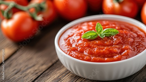 The image features a bowl of creamy tomato puree garnished with fresh basil leaves, set against a backdrop of whole tomatoes, offering a gourmet touch for culinary enthusiasts.