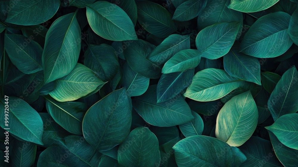 A lush abstract background created by vibrant emerald leaves with intricate natural patterns, capturing the serenity of tropical foliage A lush abstract background created by vibrant emerald leaves with intricate natural patterns, capturing the serenity of tropical foliage