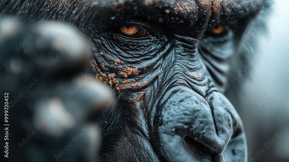 A powerful close-up portrait of a gorilla showcasing its expressive features, emphasizing its intense gaze, detailed skin textures, and rugged fur in a captivating manner. A powerful close-up portrait of a gorilla showcasing its expressive features, emphasizing its intense gaze, detailed skin textures, and rugged fur in a captivating manner.