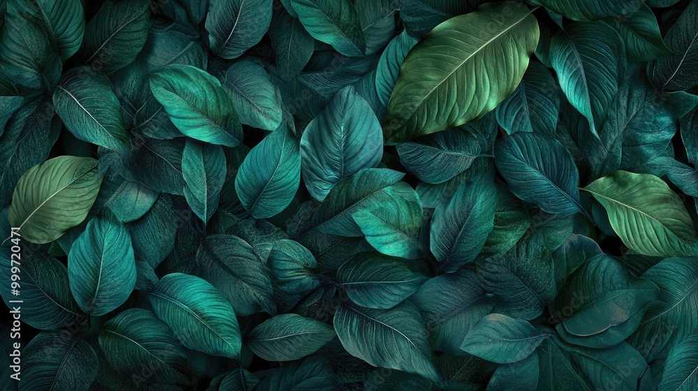 A lush abstract background created by vibrant emerald leaves with intricate natural patterns, capturing the serenity of tropical foliage A lush abstract background created by vibrant emerald leaves with intricate natural patterns, capturing the serenity of tropical foliage