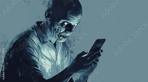 A dark illustration of a zombie staring intently at a mobile or cellphone, wide landscape aspect 128:71 with copy space blank,  photo