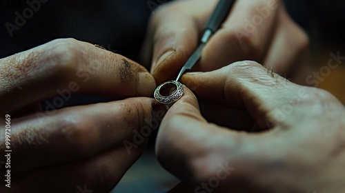 Close-up of a jeweler's hands carefully inspecting a gold ring with intricate details.