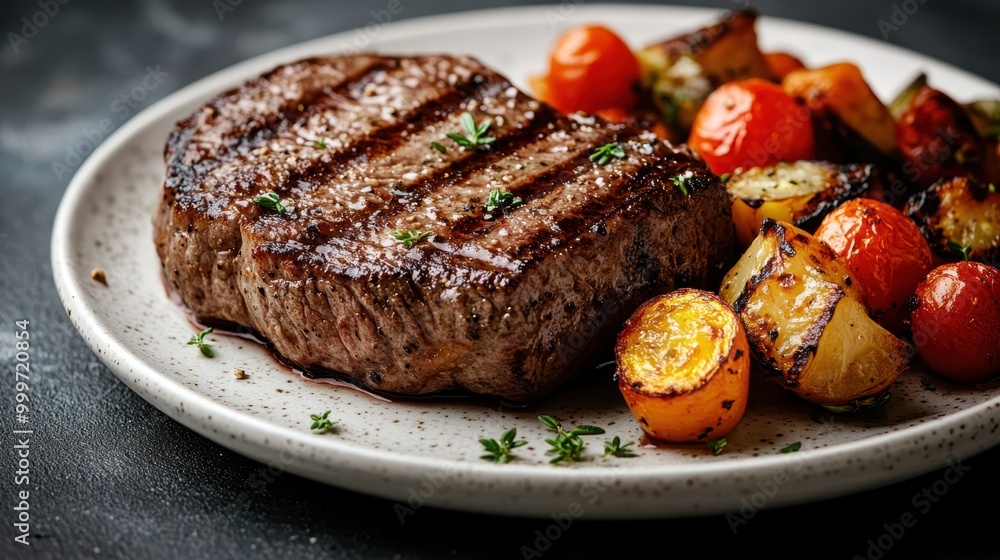 A deliciously grilled steak served on a white plate garnished with fresh vegetables like tomatoes and potatoes, highlighting a savory and well-seasoned culinary presentation. A deliciously grilled steak served on a white plate garnished with fresh vegetables like tomatoes and potatoes, highlighting a savory and well-seasoned culinary presentation.