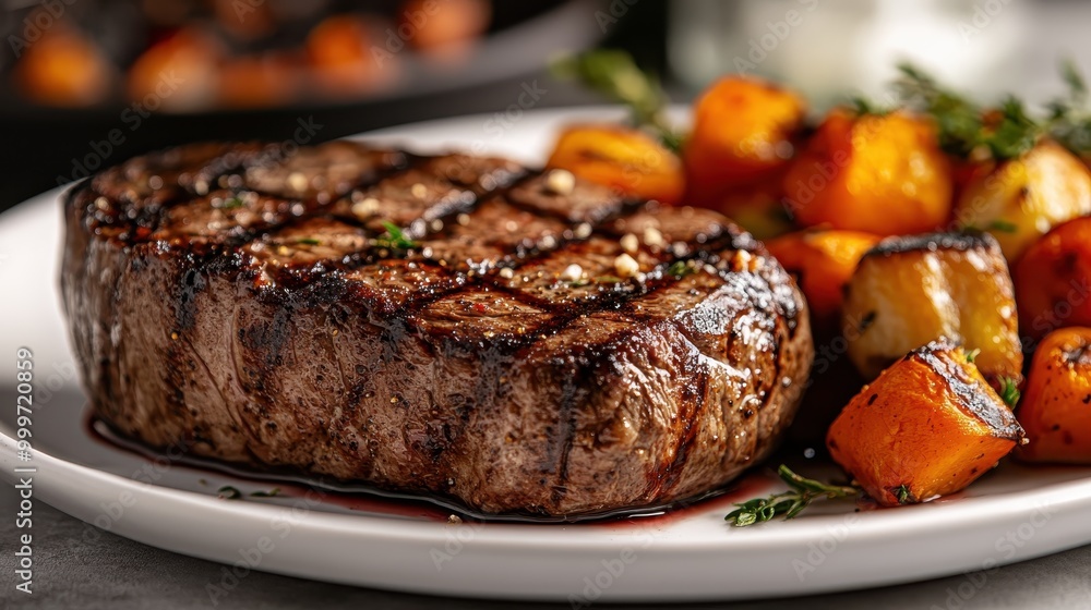 A mouth-watering grilled steak accompanied by colorful vegetables on a white serving dish, offering a visually appealing and flavorful dining experience, perfectly cooked. A mouth-watering grilled steak accompanied by colorful vegetables on a white serving dish, offering a visually appealing and flavorful dining experience, perfectly cooked.