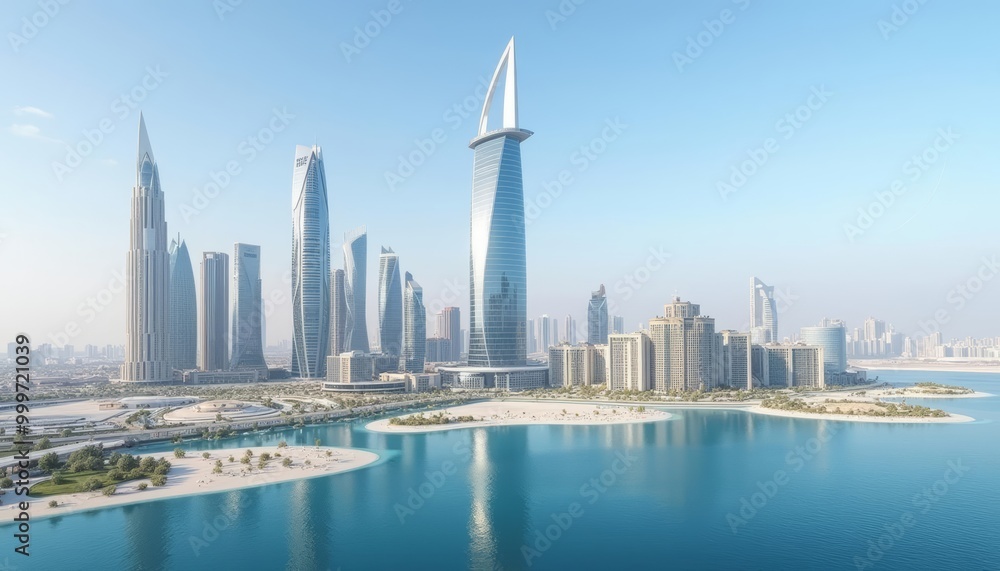 Obraz premium Modern city skyline with iconic skyscrapers and serene waterfront